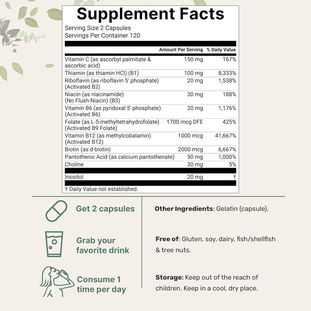 Micro Ingredients Pure Methylated B Complex Vitamins, 240 Capsules | 11-in-1 with Methylfolate, Methylcobalamin B12 & P5P + Fat-Soluble Vitamin C, Choline & Inositol. Filler Free, Non-GMO.