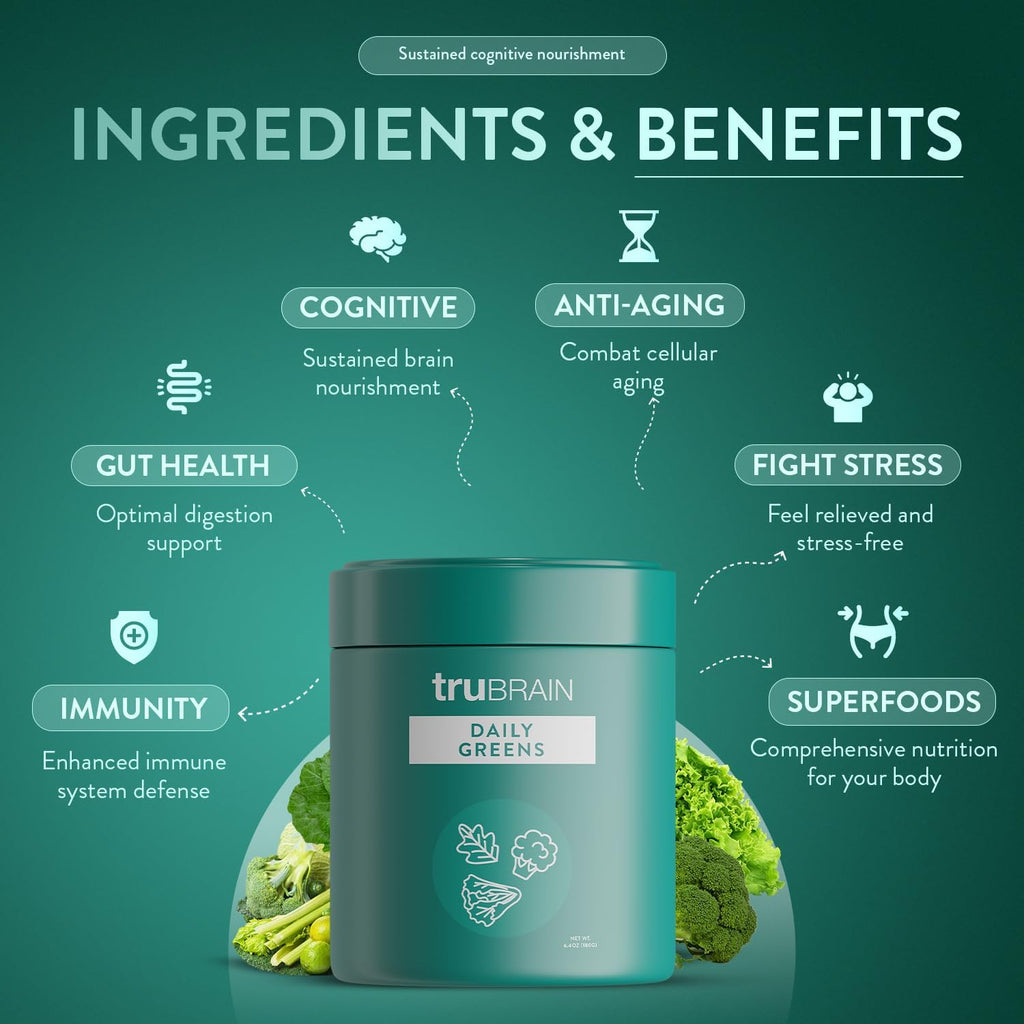 TruBrain Daily Greens: Sustained Brain Nourishment | 75 Plant-Based Ingredients, Superfoods, & Probiotics in Greens Powder | Vegan, Paleo, Keto-Friendly