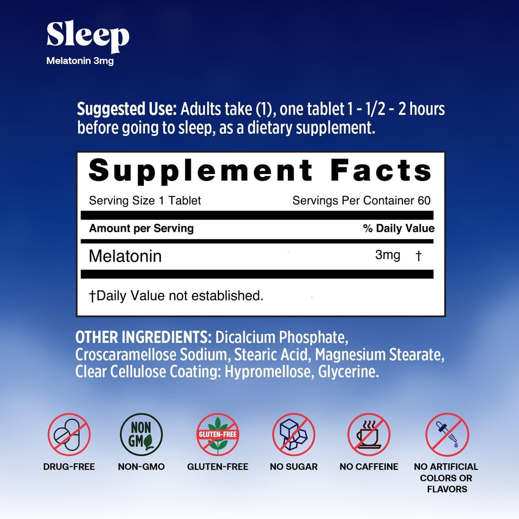 Basic Health Brands Sleep Melatonin, 3 mg 60 Count | 3mg Melatonin 60 Fast-Dissolve Tablets, Sleep Aid for Adults, Drug-Free, Non-GMO, Gluten-Free, Wake Up Refreshed