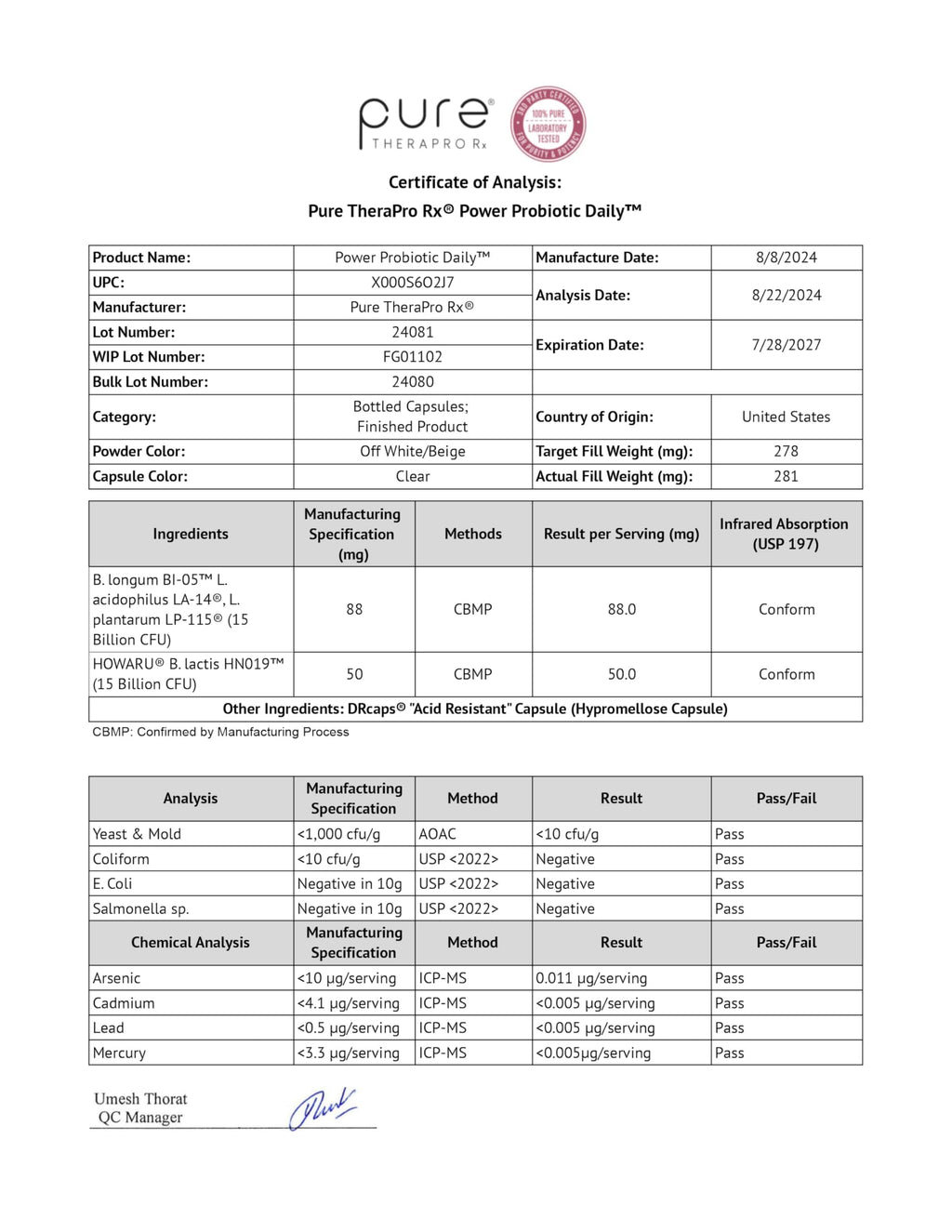 Pure Therapro Rx Power Probiotic Daily - 30 Acid-Resistant Capsules | 4 Proven Strains - 30 Billion CFU/Capsule | Patented Activ-Vial Desiccant Bottle to Ensure Freshness | NO Refrigeration Required