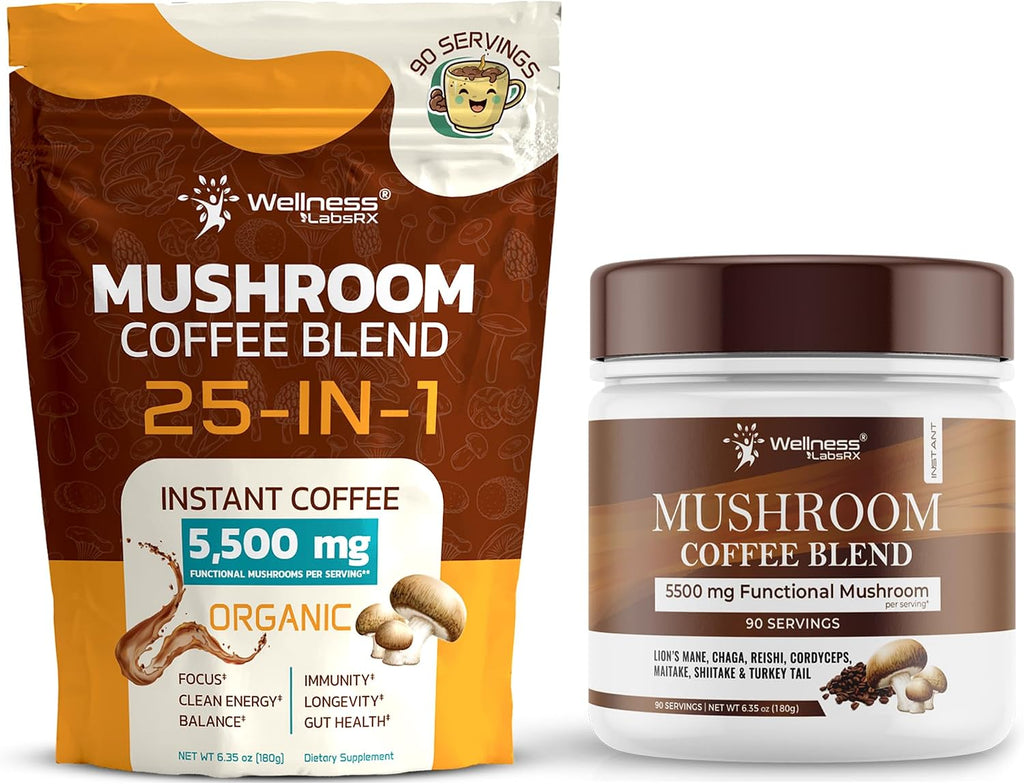 WELLNESS LABSRX Mushroom Coffee 25-in-1 with Instant Mushroom Coffee Blend 5500mg | Bundle