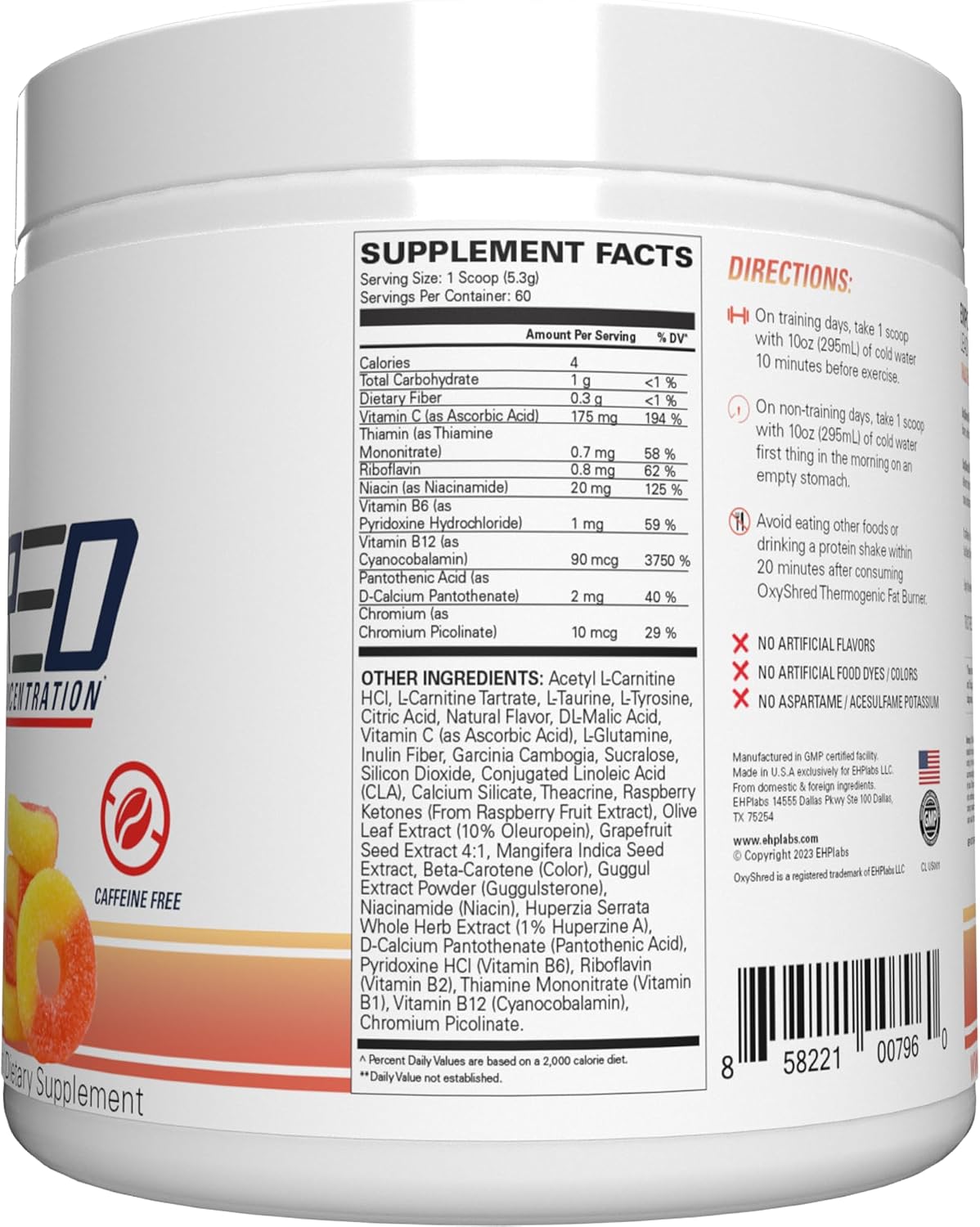 EHP Labs OxyShred Non Stimulant Pre Workout Powder - Stim Free Pre Workout, Caffeine Free Preworkout for Men & Women with L Glutamine & Acetyl L Carnitine - Peach, 60 Servings