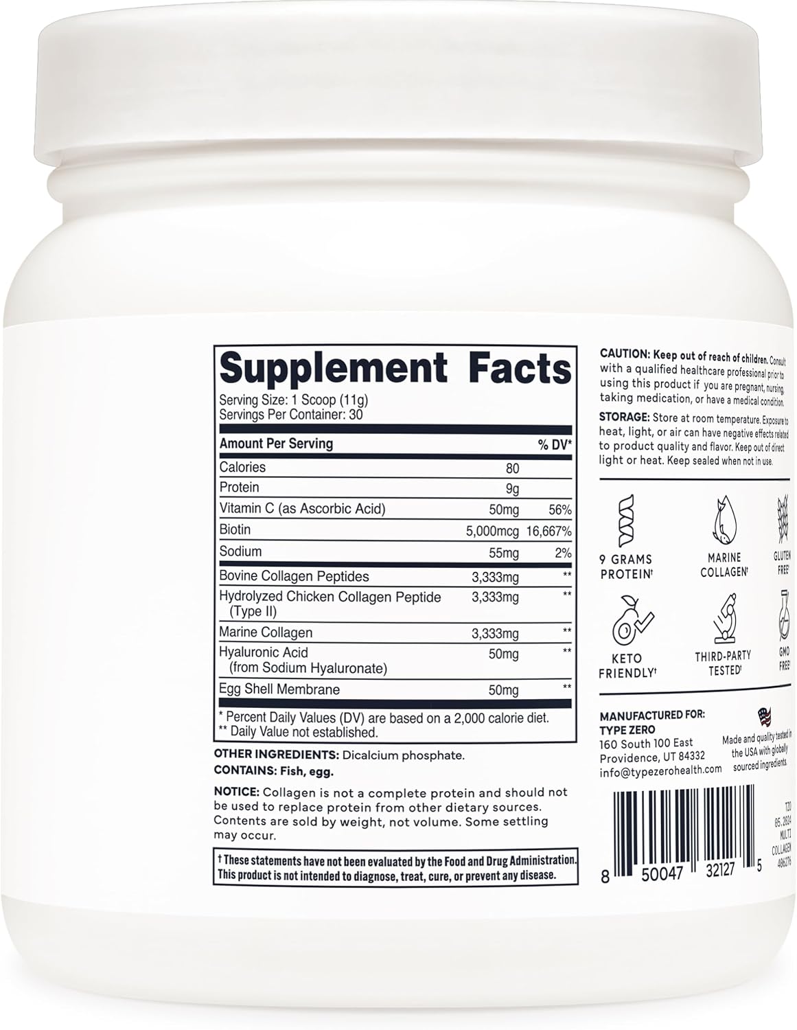 Type Zero Multi Collagen Powder 30 Servings (Unflavored) - Types I, II, III, V, & X Collagen Peptides + Hyaluronic Acid, VIT C, Biotin
