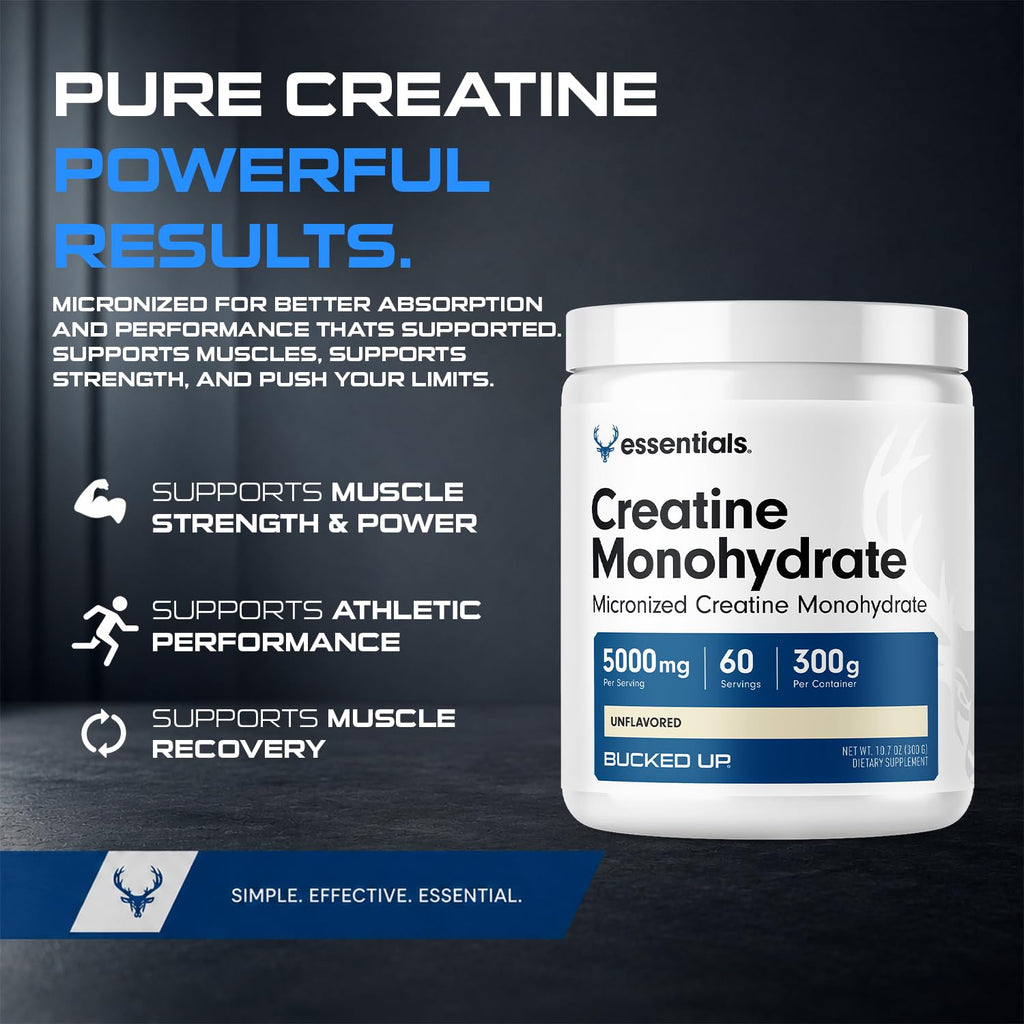 Bucked Up Pure Micronized Creatine Monohydrate for Women and Men - Easy to Mix and Unflavored - 5G Per Serving - 50 Servings - 250 Grams Per Container