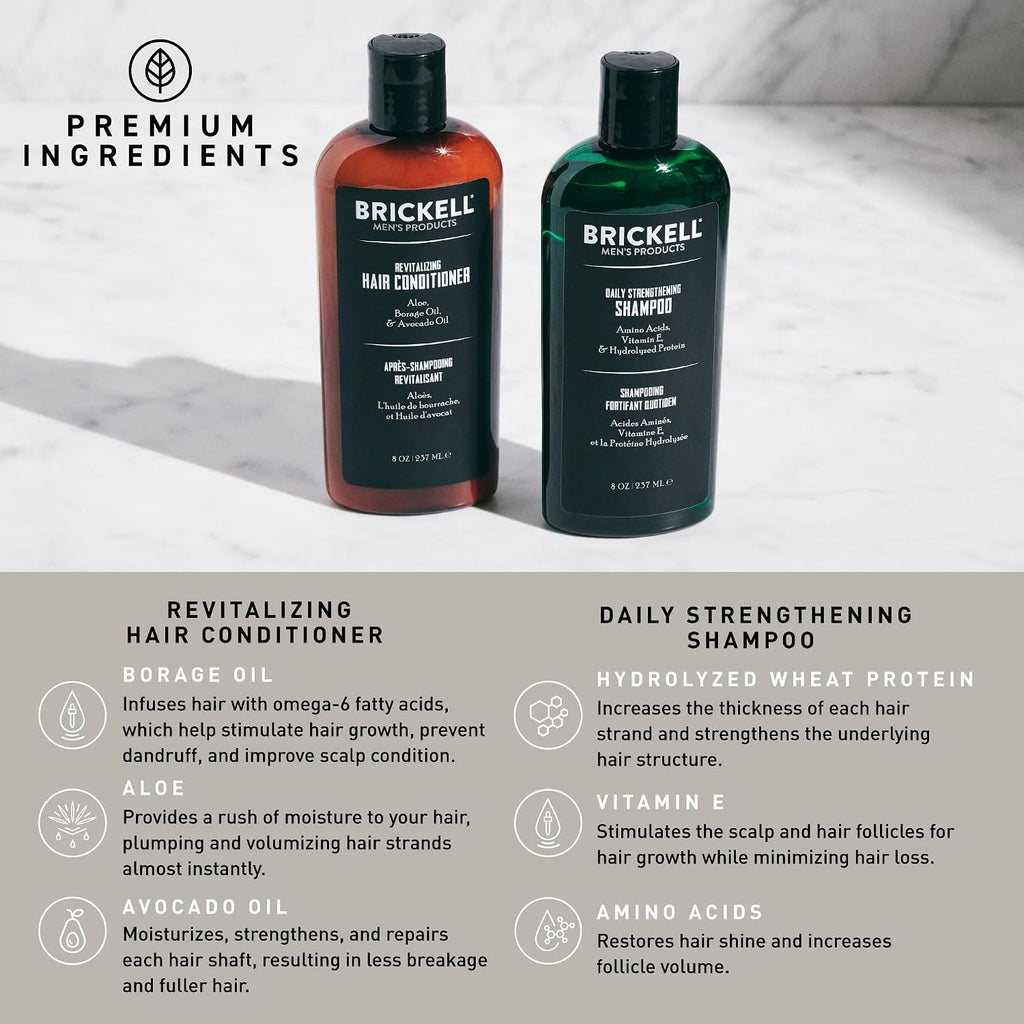 Brickell Men's Daily Revitalizing Hair Care Routine, Shampoo and Conditioner Set For Men, With Pro-Vitamin B5, Aloe, and Tea Tree Oil, Strength and Volume Enhancing Conditioner, Gift Set