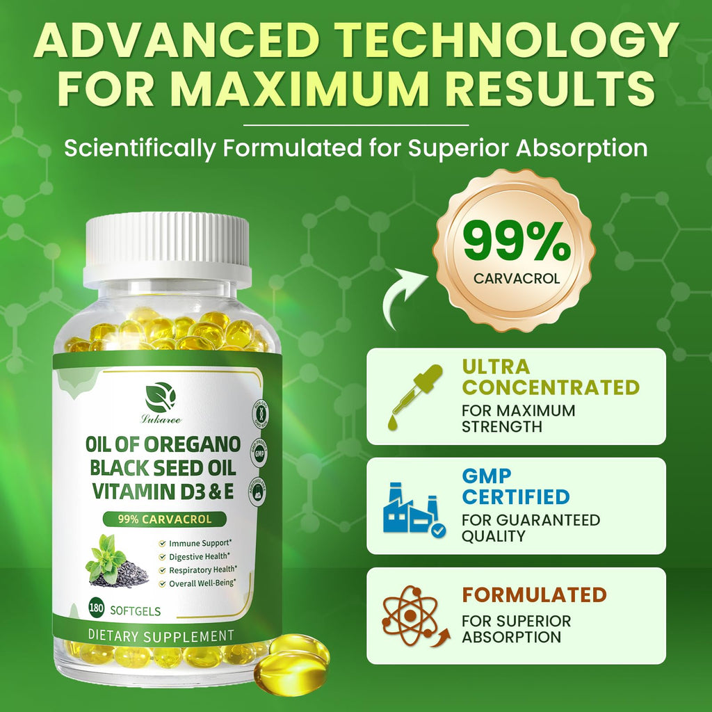 Oregano Oil Softgels with Black Seed Oil, 99% Carvacrol, 180 Ct, 3 Month | 5-in-1 with Vitamin D3 E Black Pepper, Immune, Respiratory, Digestive & Antioxidant*, Ultra-Concentrated, Easy to Swallow