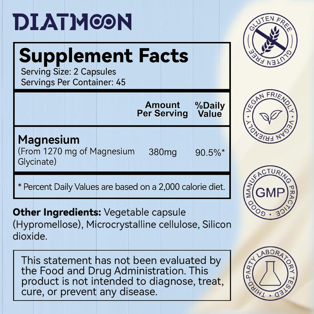 Magnesium Glycinate Capsules 380mg Organic Chelated Vegan 90 Counts GMP | Gentle & Efficient Absorption, Support Sleep Muscle Bone Heart Health, Stress Relief, Filler Free, Non GMO, Gluten Free