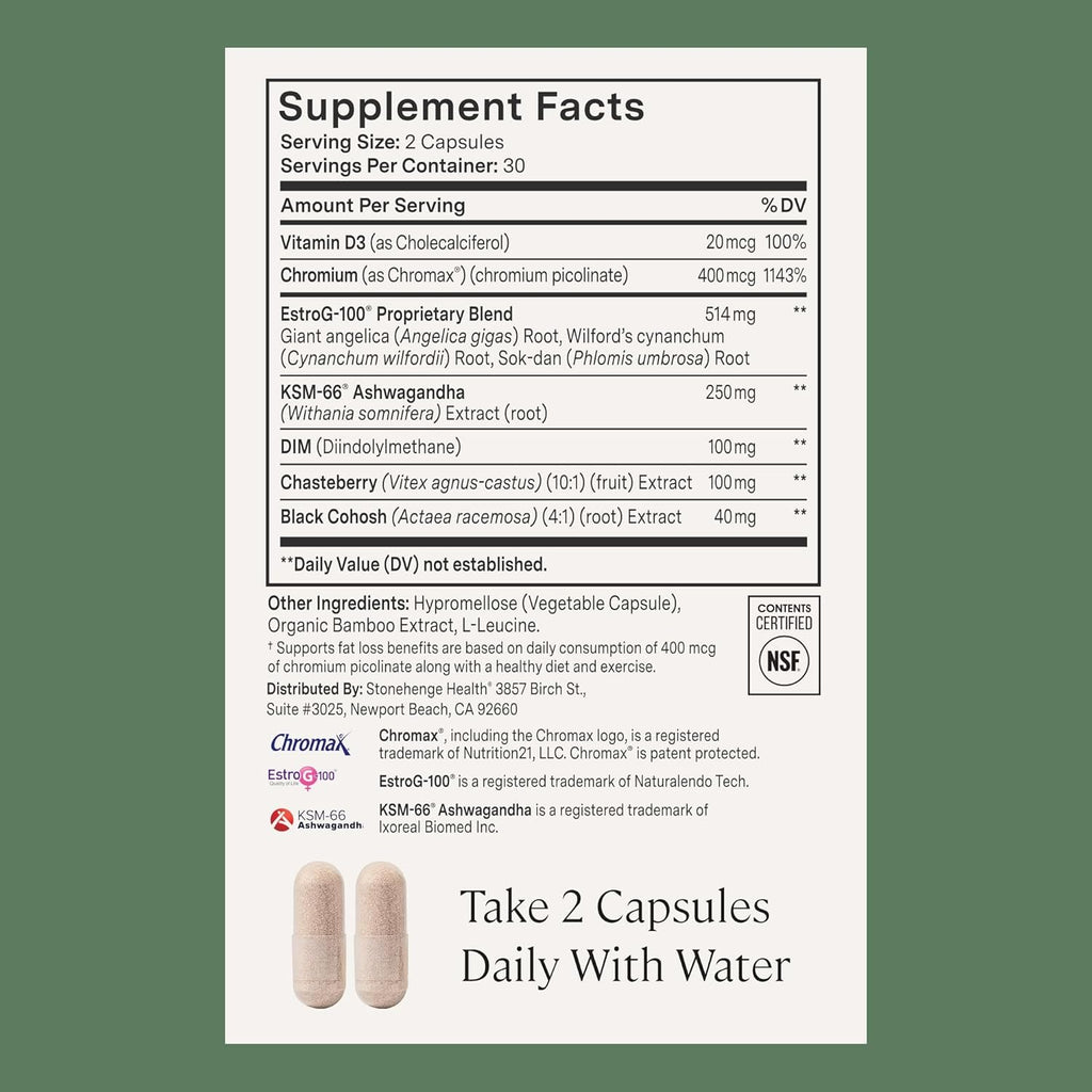 Stonehenge Health for Women Menopause Support for Peri + Menopause + Post - Mood, Energy, Stress, Hot Flashes, Night Sweats, Sleep & Cortisol, Chromax Chromium, Vitamin D3, KSM-66 Ashwagandha