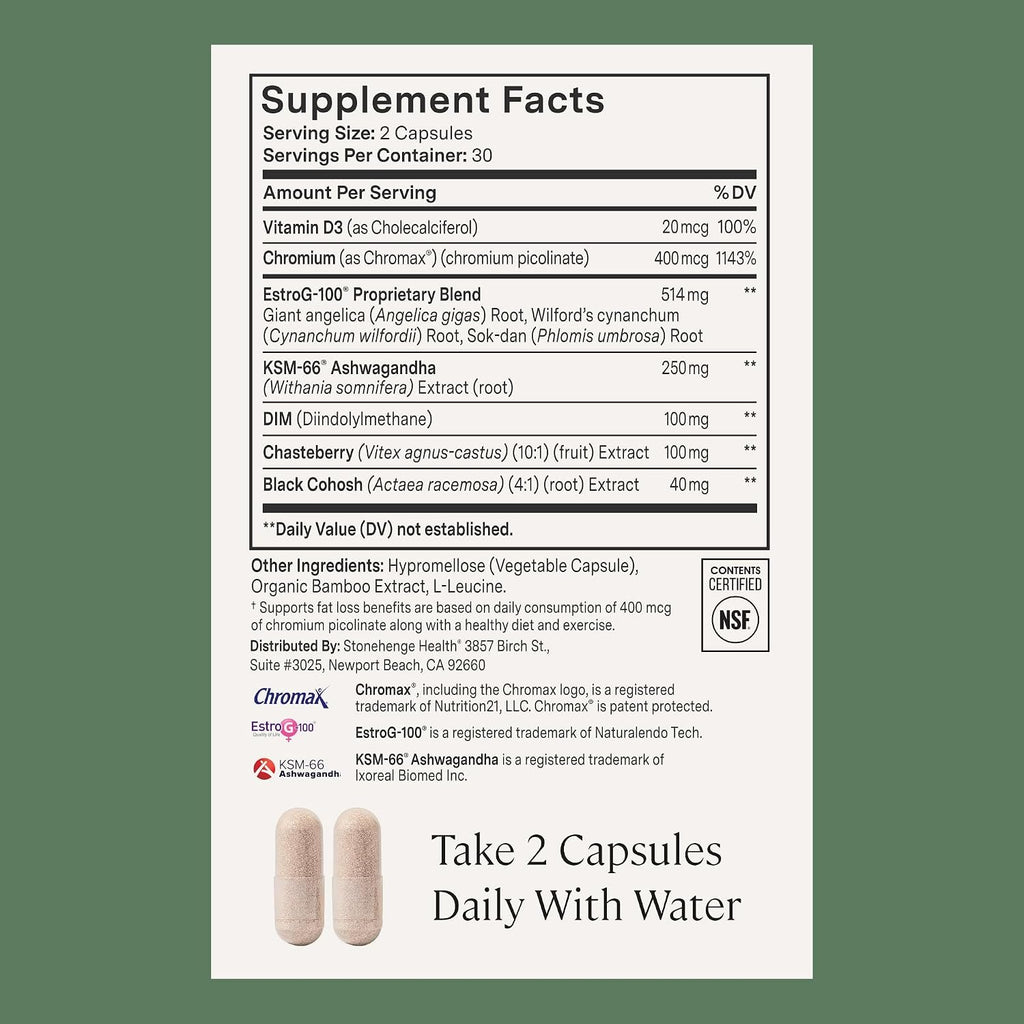 Stonehenge Health for Women Menopause Support for Peri + Menopause + Post - Mood, Energy, Stress, Hot Flashes, Night Sweats, Sleep & Cortisol, Chromax Chromium, Vitamin D3, KSM-66 Ashwagandha (2 Pack)