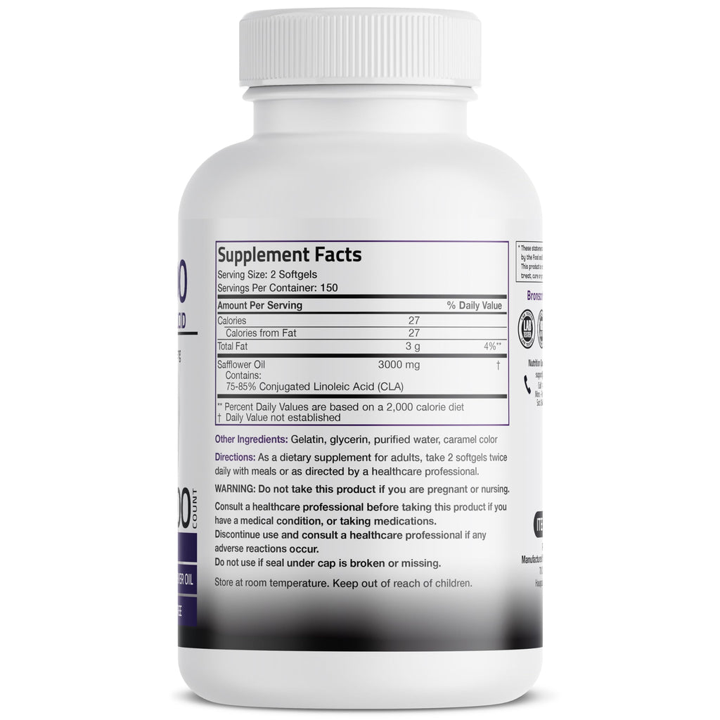 Bronson CLA 3000 Extra High Potency Supports Healthy Weight Management Lean Muscle Mass Non-Stimulating Conjugated Linoleic Acid 120 Softgels | 2250 mg Active CLA per Serving, Non-Stimulating, 100% Safflower Oil, Lean Body Mass Support, Non-GMO