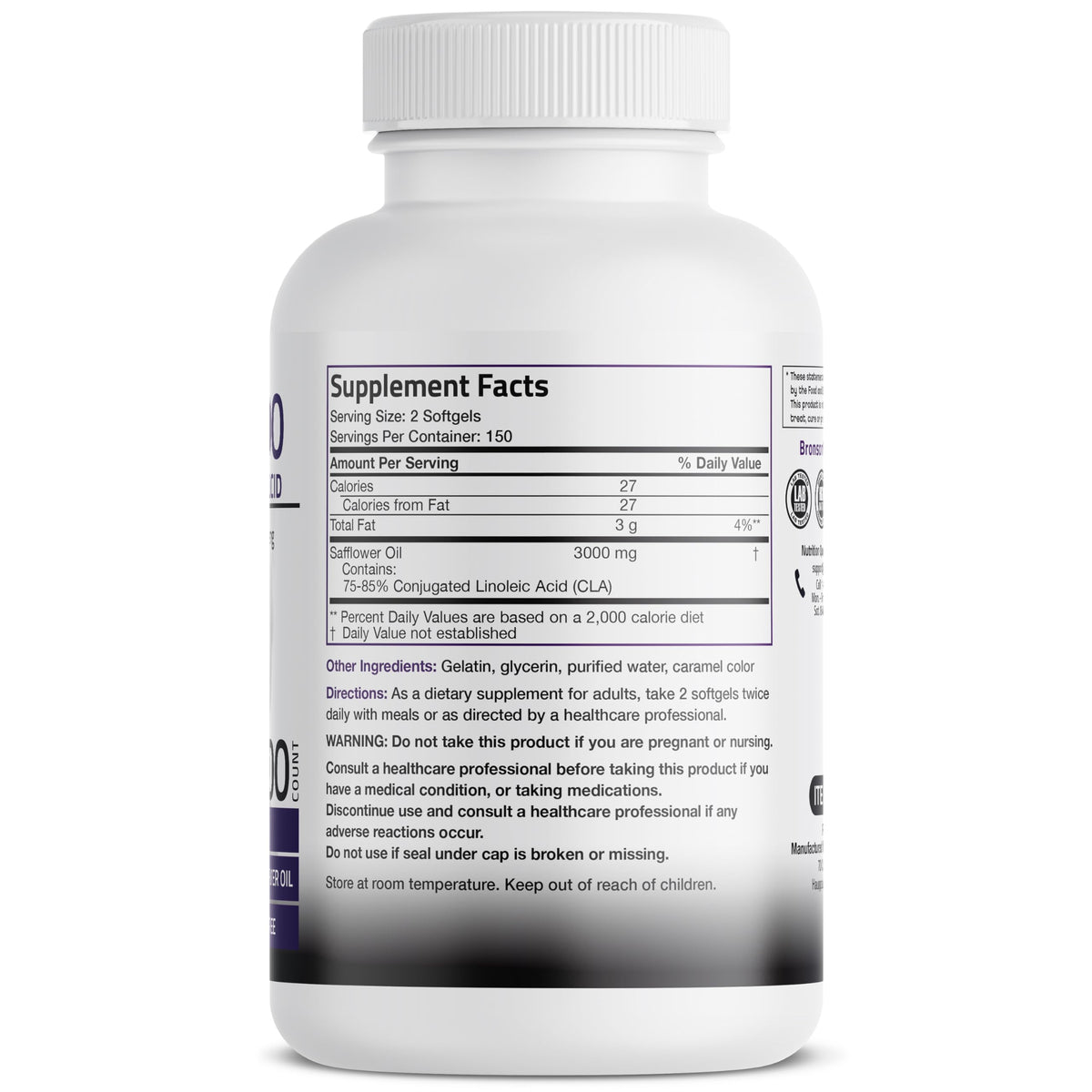 Bronson CLA 3000 Extra High Potency Supports Healthy Weight Management Lean Muscle Mass Non-Stimulating Conjugated Linoleic Acid 120 Softgels | 2250 mg Active CLA per Serving, Non-Stimulating, 100% Safflower Oil, Lean Body Mass Support, Non-GMO