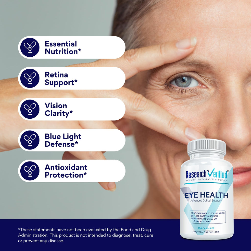 Research Verified Eye Health - Nourish and Protect Eyes and Vision, Support Healthy Retina, Improve Blood Supply to Eyes - Vitamins A, B, C, and E - 60 Capsules - Made in the USA