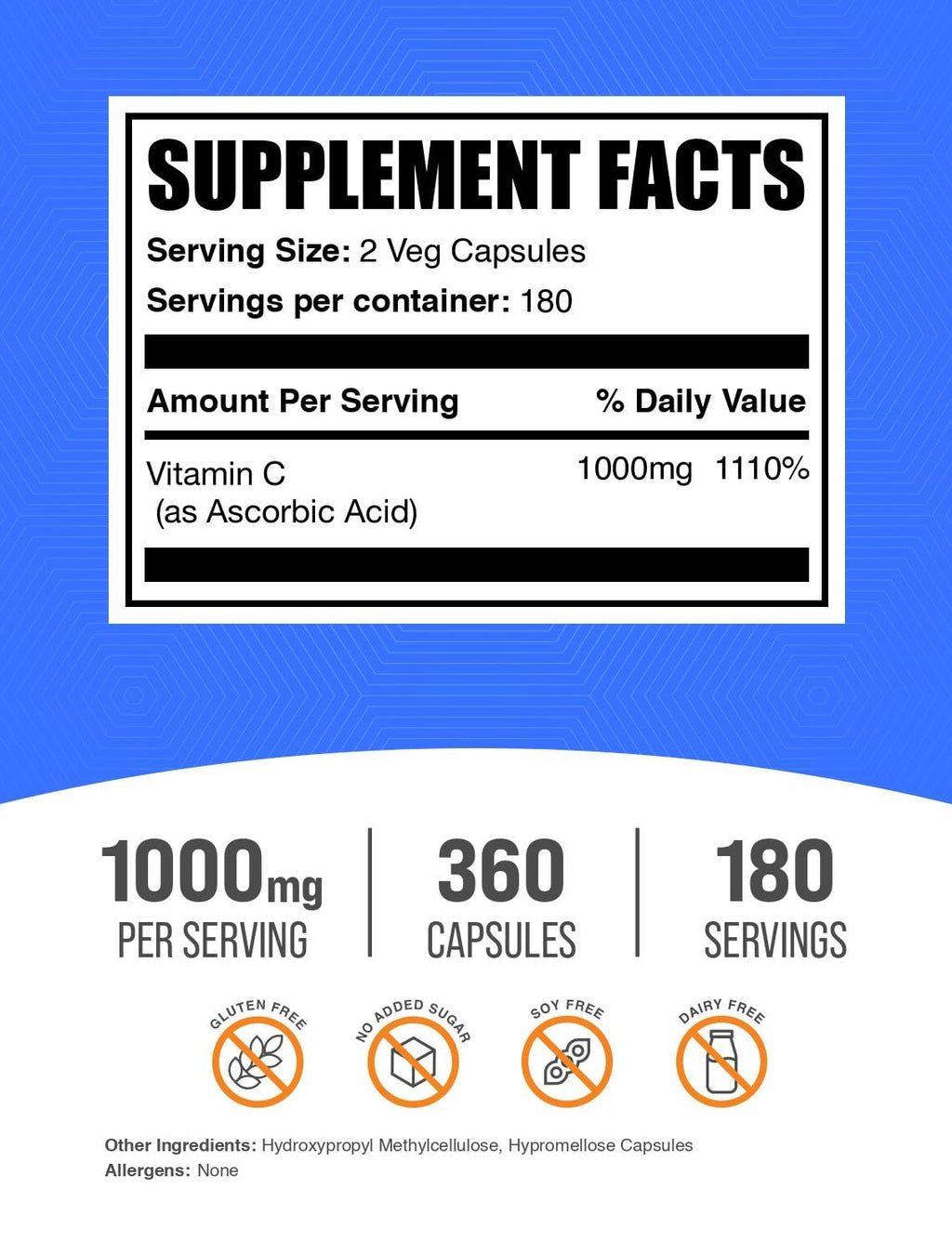 BulkSupplements.com Ascorbic Acid Capsules - Ascorbic Acid Vitamin C 1000mg, Vitamin C Supplement - Vegan & Gluten Free, 2 Capsules per Serving, 360 Count (Pack of 1)