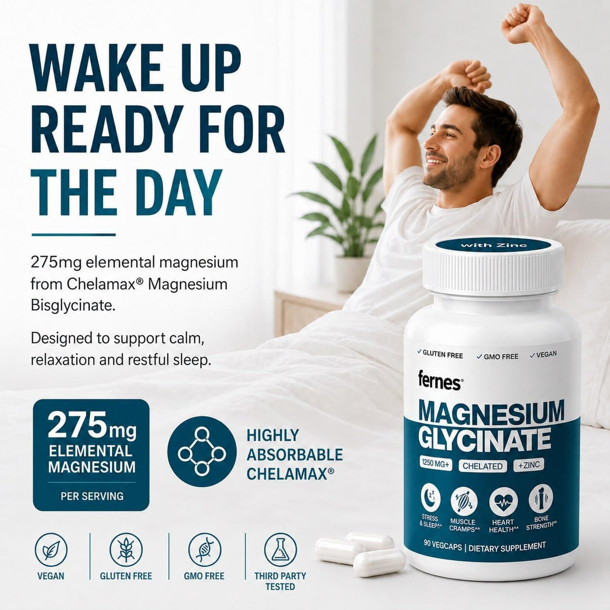 Magnesium Glycinate with Zinc - 275mg Elemental Magnesium + 8mg Zinc for Active Adults, Athletes & Anyone Under Stress Who Need Better Sleep, Muscle Recovery and Immune Support, 90 Capsules