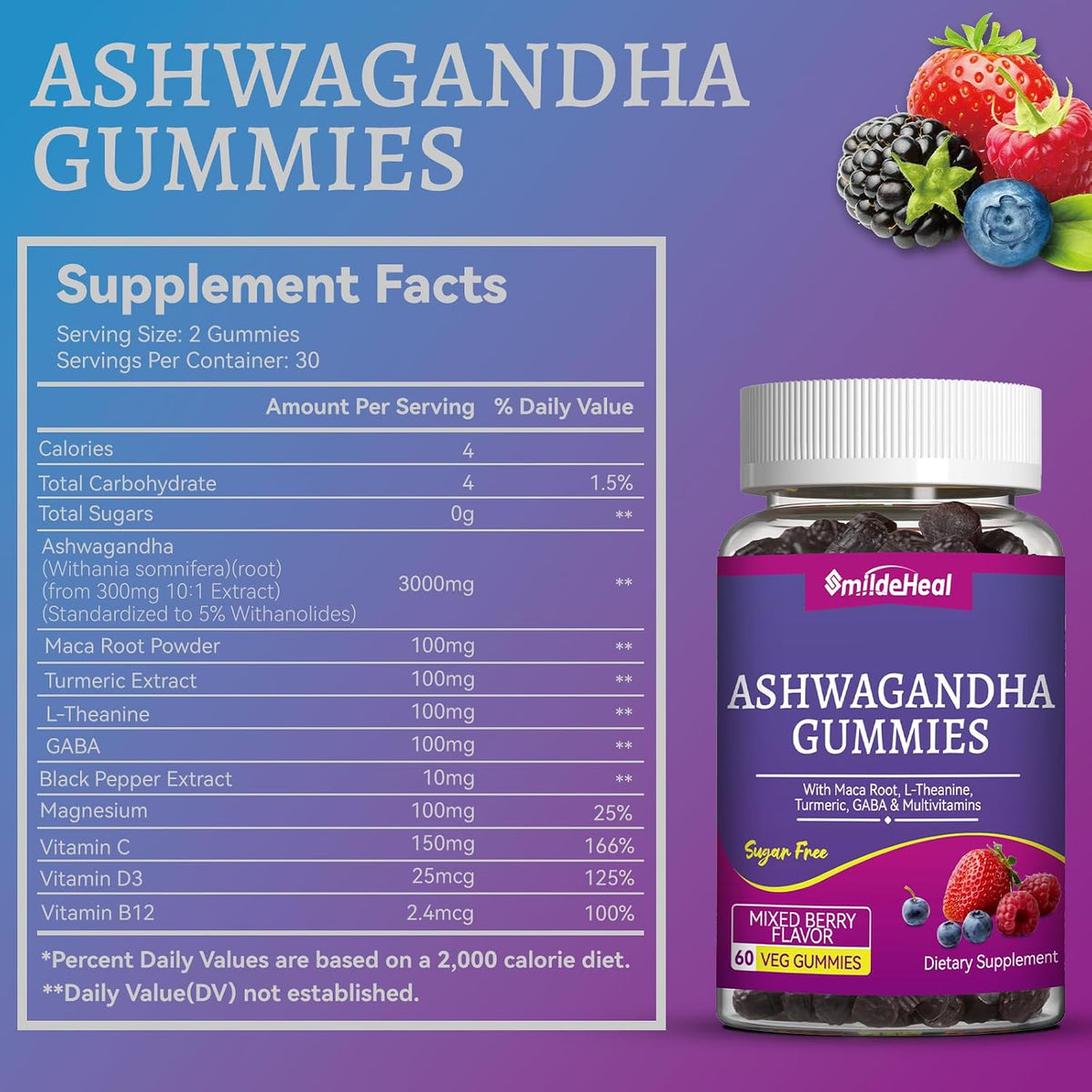 Ashwagandha Gummies 3000mg for Calm & Stress Relief, 60 Count, Vegan | Ashwagandha High Strength Root Extract Supplement with L-Theanine, Trumeric, D3 for Women & Men - Natural Mixed Berry Flavor