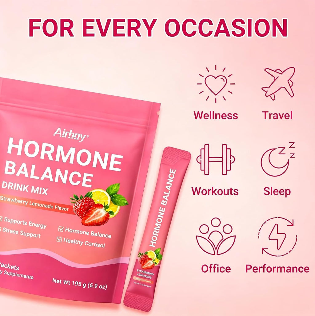 Hormone Balance for Women, Female Hormonal Support Drink Mix with Myo-inositol, Magnesium, Rhodiola Rosea, Vitamin C, Cortisol Supplement for Women, Vegan, Sugar-Free, Non-GMO, 30 Stick Packs