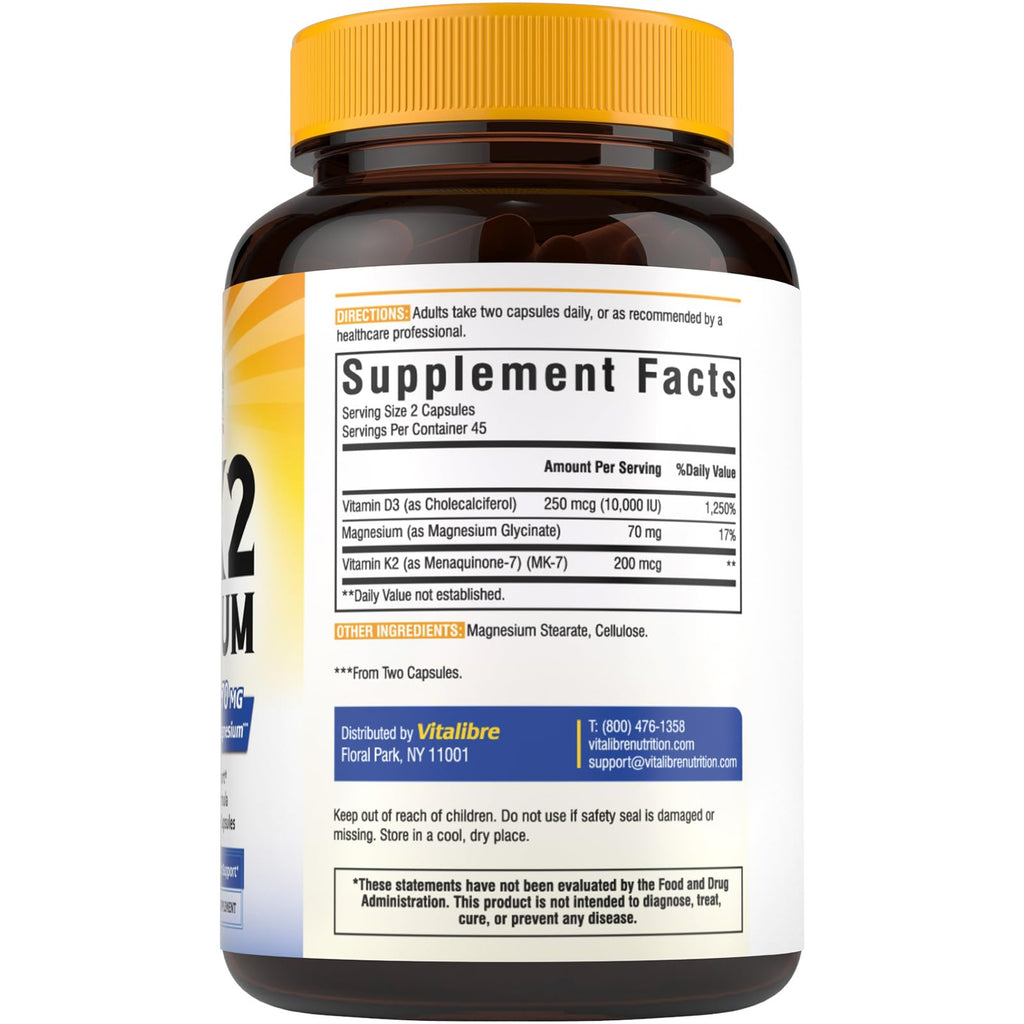 Vitalibre D3 K2 + Magnesium Supplement, 10000 IU Vitamin D3 & 200 mcg K2, with Magnesium Glycinate, Bone, Teeth, Immune & Energy Support, High Absorption, Non-GMO, Easy to Swallow, 60 Capsules