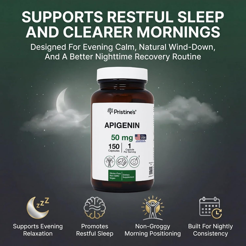 PRISTINE'S Apigenin 50mg Sleep Support Capsules, Vegan, 150 Day Supply | Evening relaxation and calm support in a simple one-capsule routine. 150 day supply, vegan, non-GMO, gluten-free
