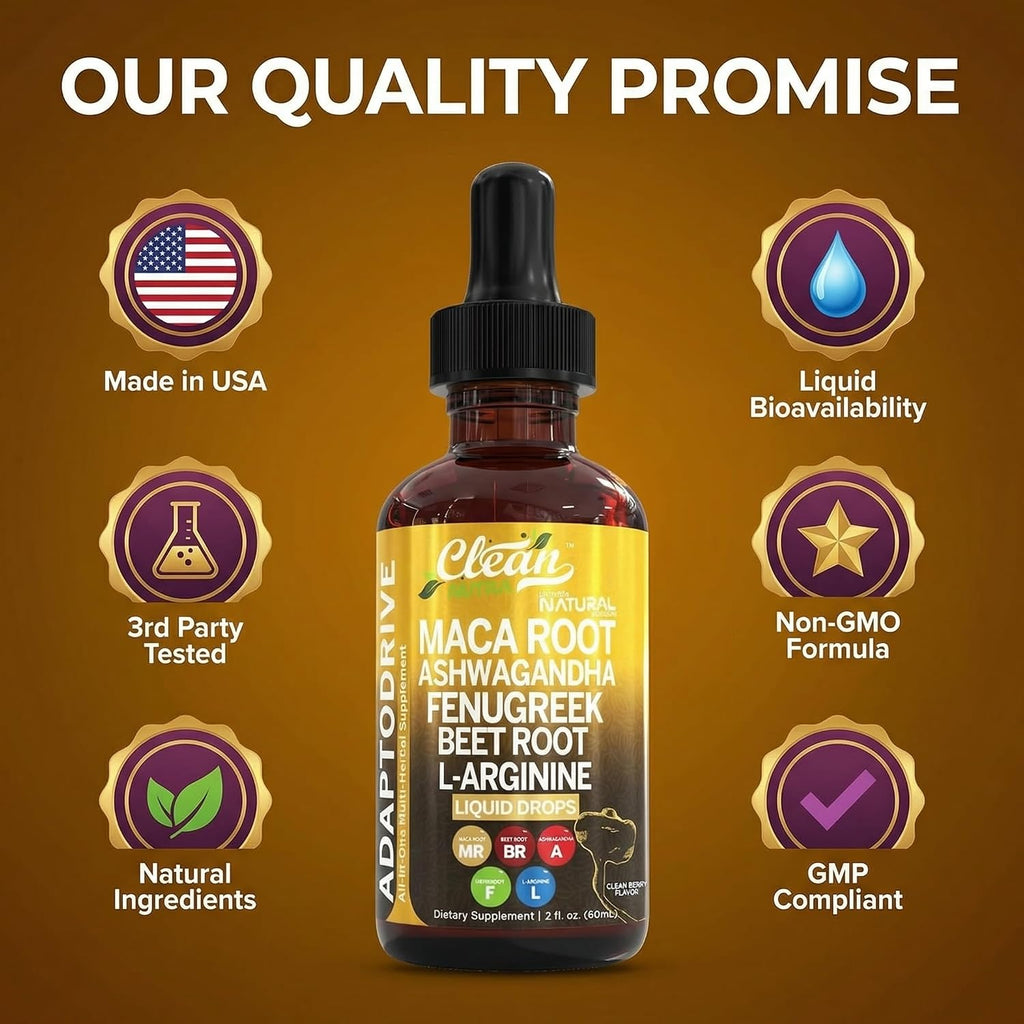 Clean Nutra Organic Maca Root Liquid Drops with Ashwagandha, Fenugreek, Beet Root and L-Arginine Liquid Multivitamin for Women and Men - Adapto Drive