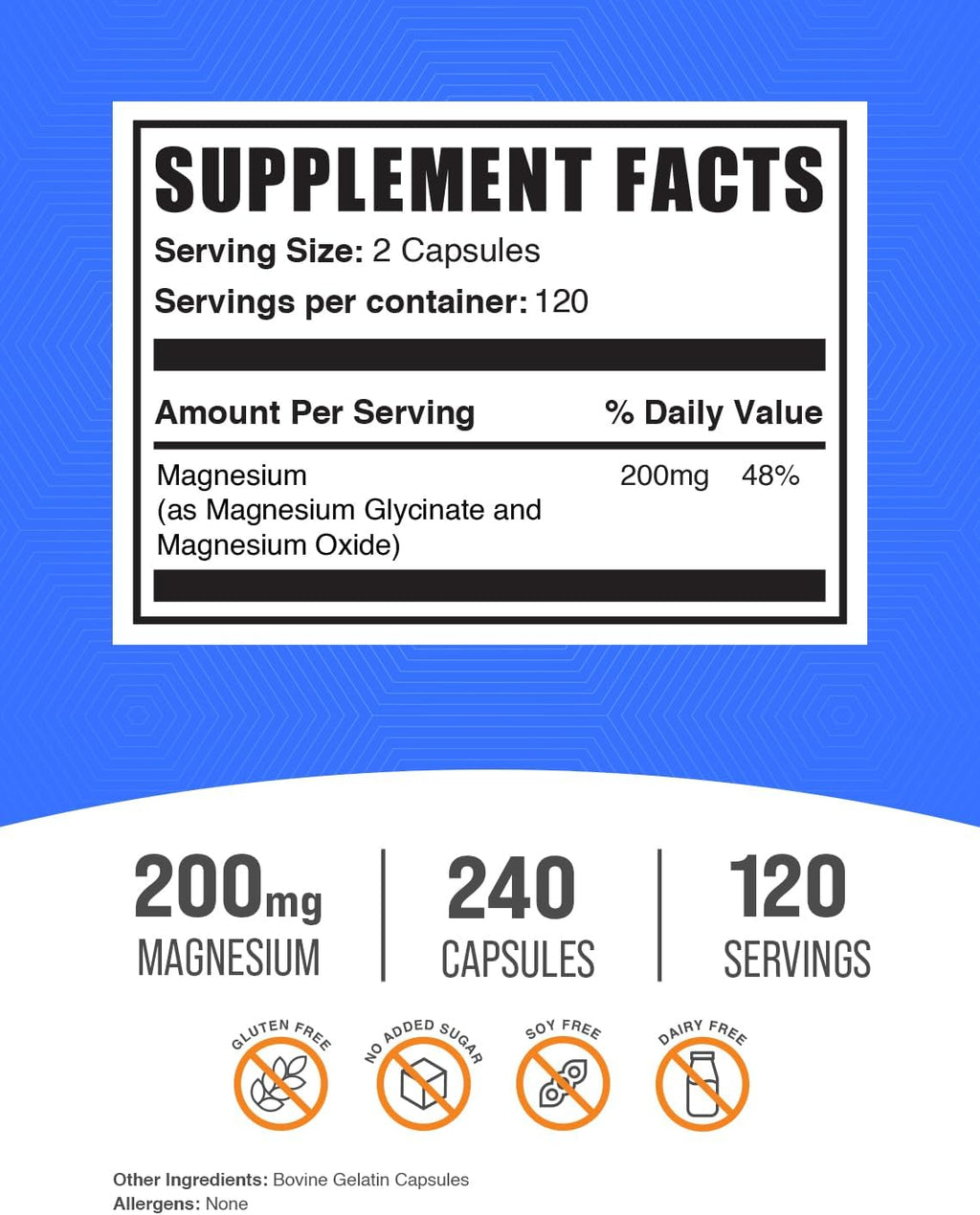 BulkSupplements.com Magnesium Glycinate Capsules - Magnesium Supplement, Magnesium Glycinate 200mg - Gluten Free, 2 Capsules per Serving, 240 Count (Pack of 1)