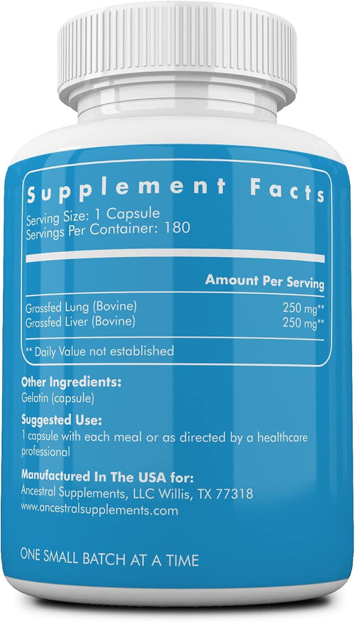 Ancestral Supplements Grass Fed Beef Lung Supplement with Liver, 180 Ct | Lung and liver supplement supports respiratory, vascular and circulatory health in one whole food formula.