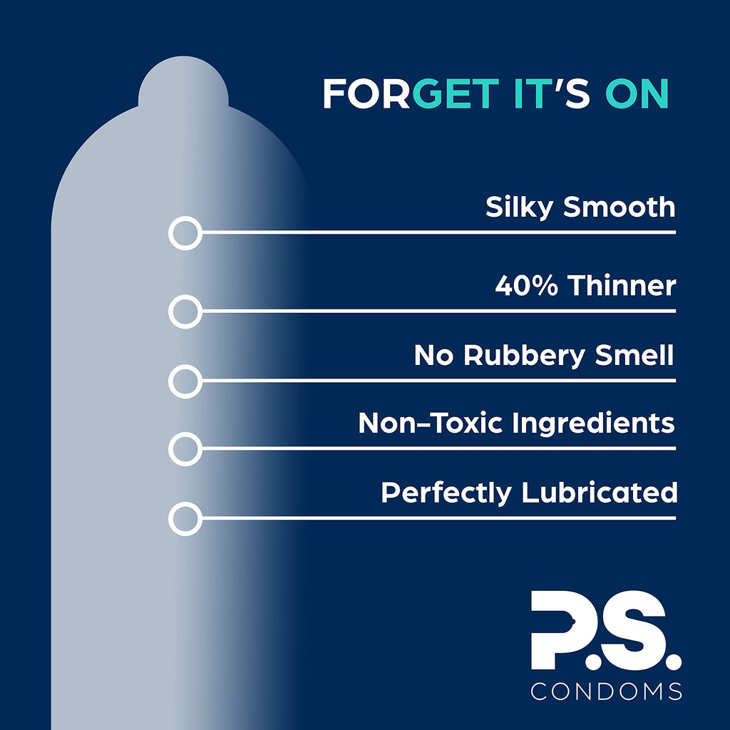 PS Condoms Exceptionally Thin Latex Condoms, Clean & Odorless, 12 Pack | Individually tested, 0.045 mm natural rubber, 40% thinner, lubricated, vegan, and free of PFAS, gluten, glycerin and parabens