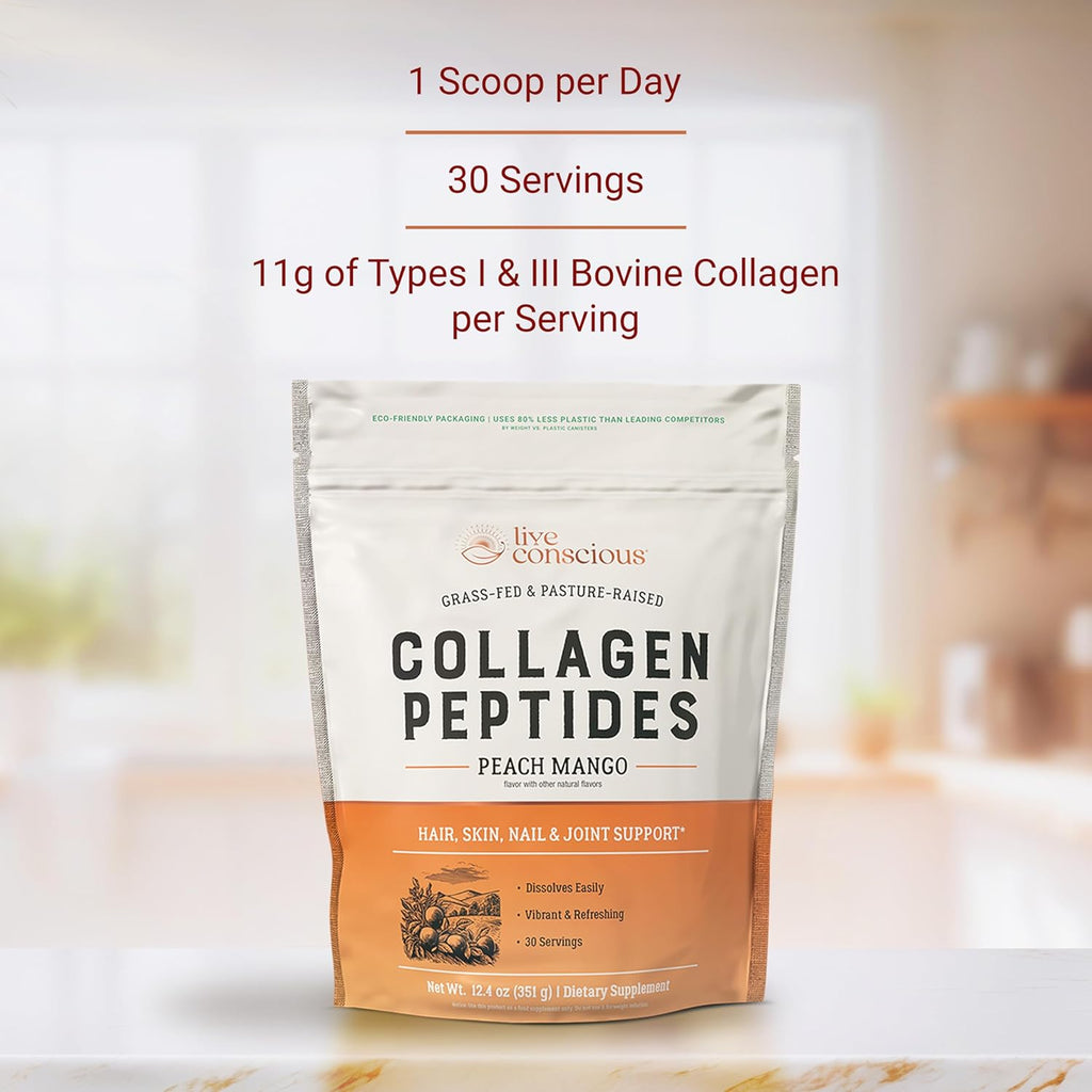 Live Conscious Beyond Greens & Collagen Peptides Peach Mango| Mushroom Coffee Alternative Low Caffeine + Hair, Skin, Nail, and Joint Support