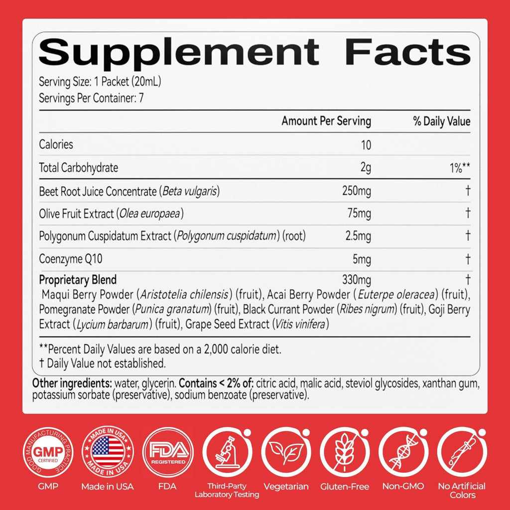 OxyEnergy Heart & Vascular & Blood Pressure Health Liquid Supplement | Nitric Oxide, Beet Root & CoQ10 & Olive & Resveratrol, Non-GMO, Natural Berry Flavor 21 Stick Packs