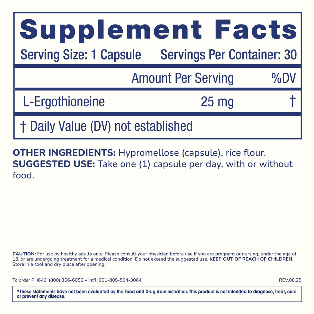 ProHealth Ergothioneine 5X Strength. 25mg Clinical Research Dose. Natural Amino Acid Mushroom Supplement for Improved Cognition, Heart Health. Essential Longevity Vitamin. 25 mg/Serving, 30 Servings