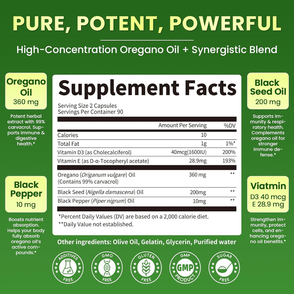 Oregano Oil Softgels with Black Seed Oil, 99% Carvacrol, 180 Ct, 3 Month | 5-in-1 with Vitamin D3 E Black Pepper, Immune, Respiratory, Digestive & Antioxidant*, Ultra-Concentrated, Easy to Swallow