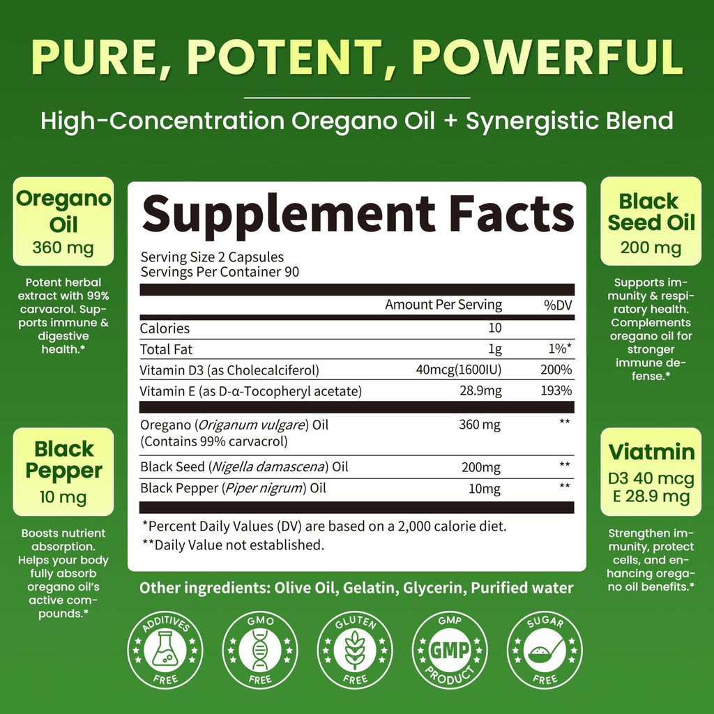 Oregano Oil Softgels with Black Seed Oil, 99% Carvacrol, 180 Ct, 3 Month | 5-in-1 with Vitamin D3 E Black Pepper, Immune, Respiratory, Digestive & Antioxidant*, Ultra-Concentrated, Easy to Swallow