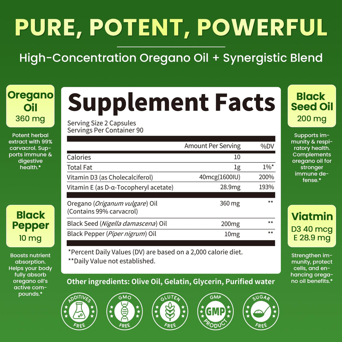 Oregano Oil Softgels with Black Seed Oil, 99% Carvacrol, 180 Ct, 3 Month | 5-in-1 with Vitamin D3 E Black Pepper, Immune, Respiratory, Digestive & Antioxidant*, Ultra-Concentrated, Easy to Swallow
