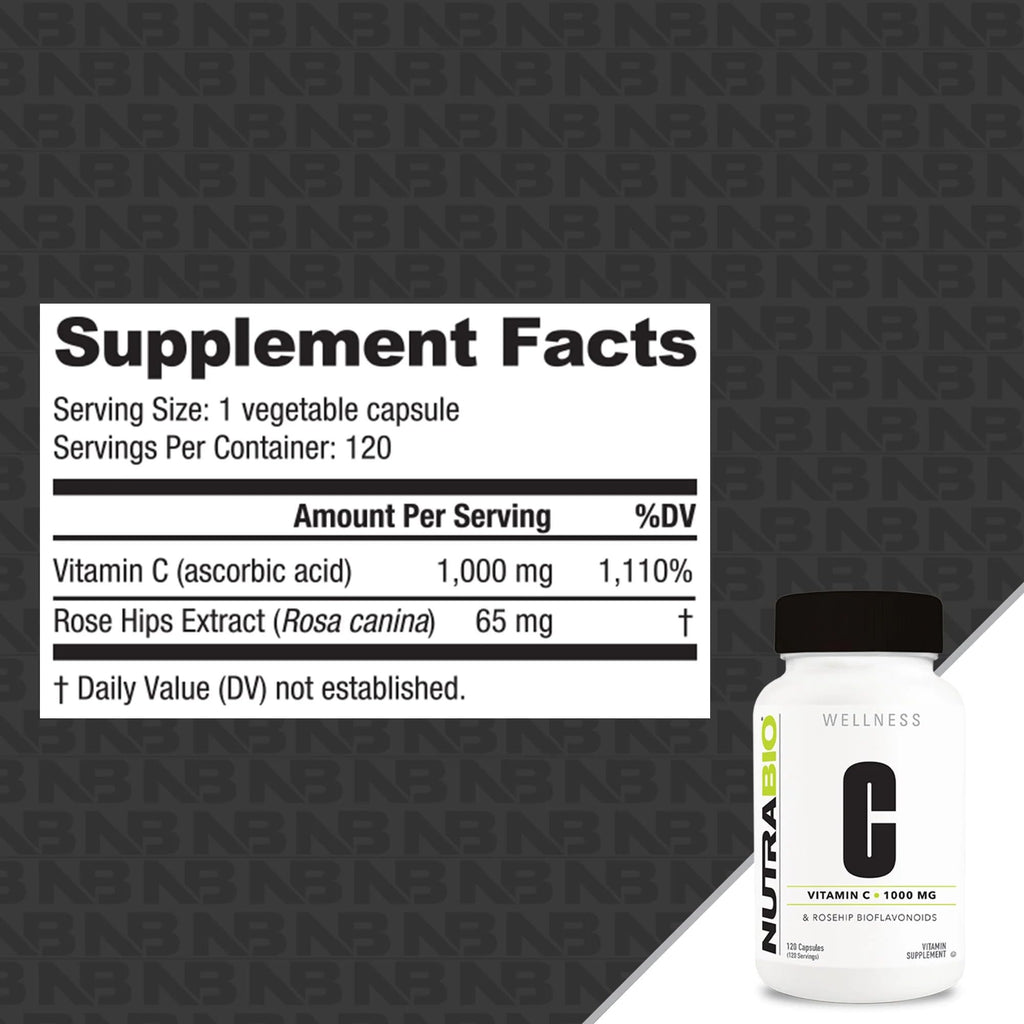 NutraBio Vitamin C with Rose Hips - Supports Healthy Bones, Teeth and Gums, Immune Function - No Fillers or Excipients - (120 Capsules, 1000mg of Vitamin C per Capsule)