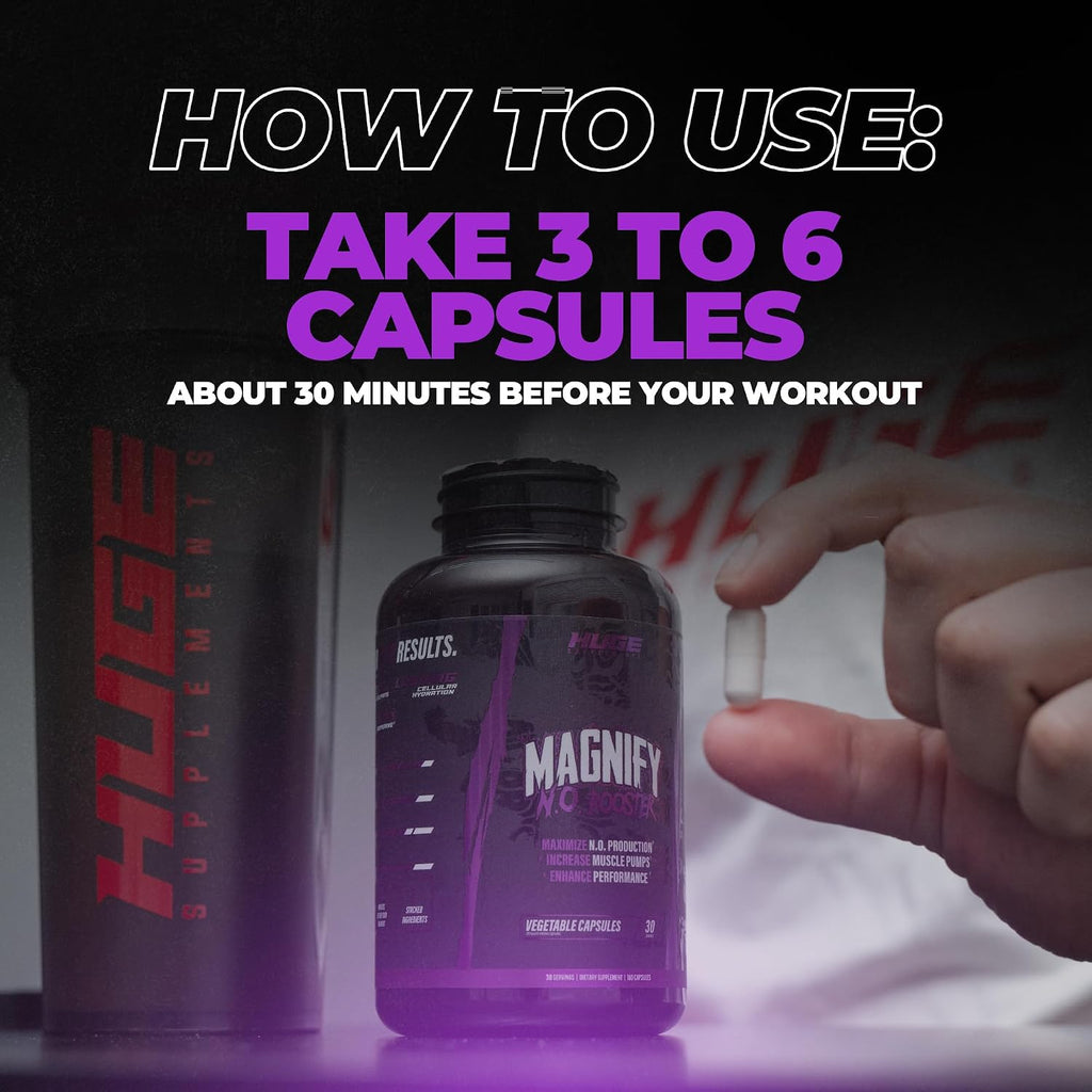 Huge Supplements Magnify Pump Pills & Nitric Oxide Booster, Enhance Muscle Pumps, Fullness & Vascularity, Science-Backed Ingredients - NO3-T Nitrates, Agmatine Sulfate, VasoDrive-AP (180 Capsules)