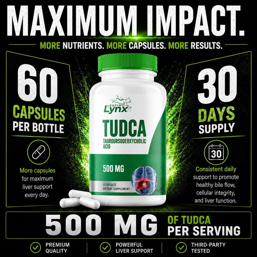 Leaping Lynx TUDCA 500mg – Tauroursodeoxycholic Acid Supplement – 60 Capsules – TUDCA Liver Support Supplement – Bile Acid Digestive Support – Non-GMO, ISO-Certified