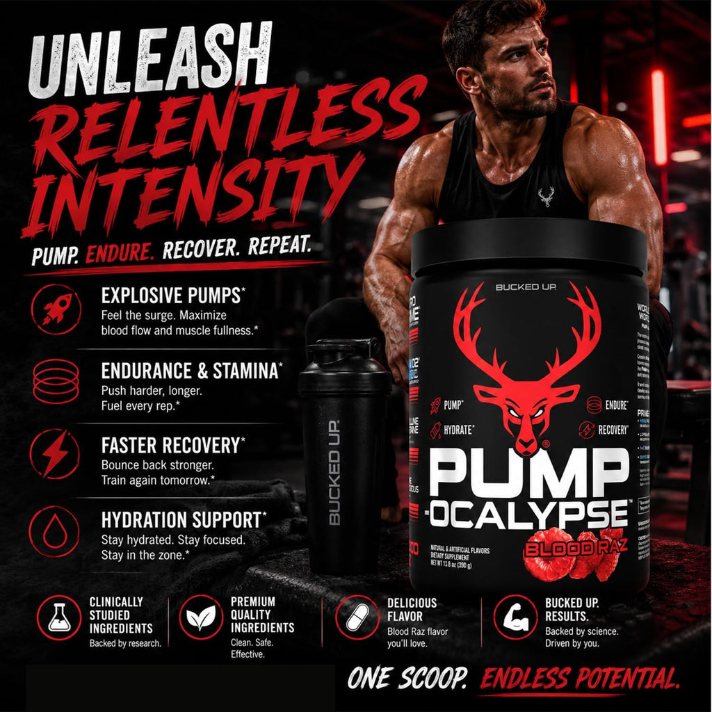 Pump-ocalypse Blood Raz | Nitric Oxide and L Arginine Supplement with Citrulline Malate, GlycerPump | Ultimate N.O. Booster | Lean Muscle Support for Blood Flow, Vascularity, Hydration and Endurance