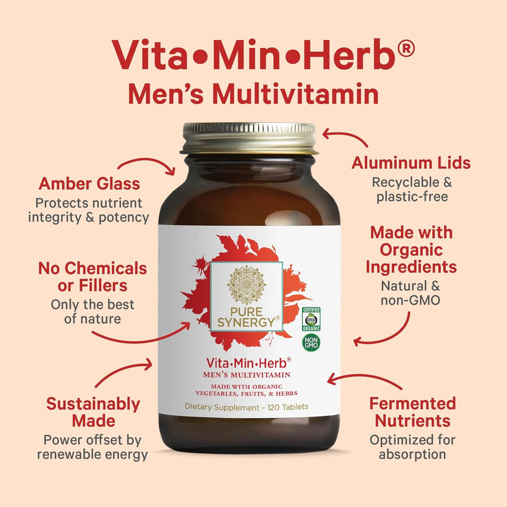 PURE SYNERGY Vita·Min·Herb for Men | Men’s Comprehensive Multivitamin Supplement | Made with Organic Whole Food Non-GMO Ingredients | Daily Energy & Immune Support (120 Tablets)