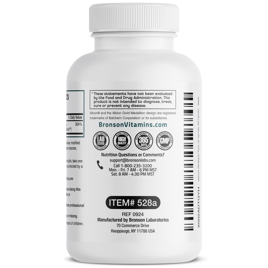 Bronson Selenium 200 mcg Albion Chelated Amino Acid Complex, 250 Capsules | Yeast-Free Essential Trace Mineral, Immune, Prostate & Metabolism Support, Vegetarian, Non-GMO, Gluten-Free & Soy-Free
