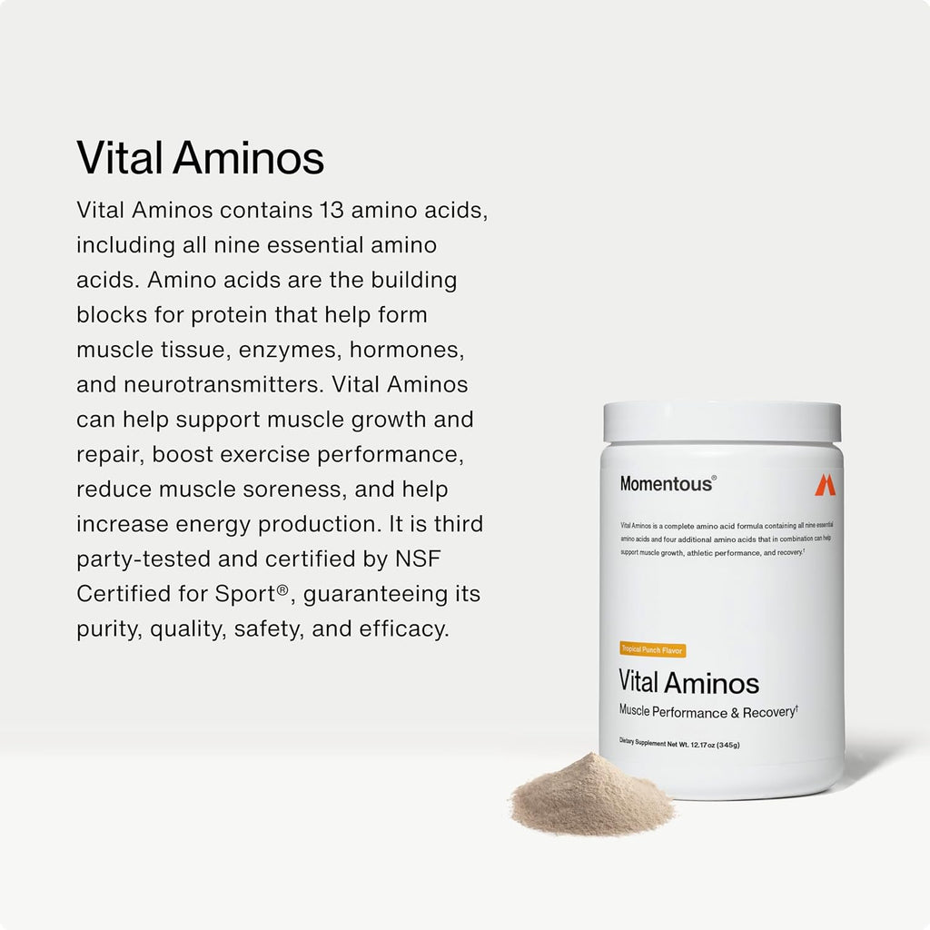 Momentous Vital Aminos Powder Supplement - BCAA & EAA - Tropical Punch - NSF Certified for Sport - GMO- & Gluten-Free - 30 Servings - Package May Vary
