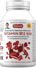 ANDREW LESSMAN ProCaps Vitamin B12 500 mcg with B-Complex 180 Capsules | Absorption-protected Methylcobalamin with B-Complex supports energy, brain, heart and nervous system health.