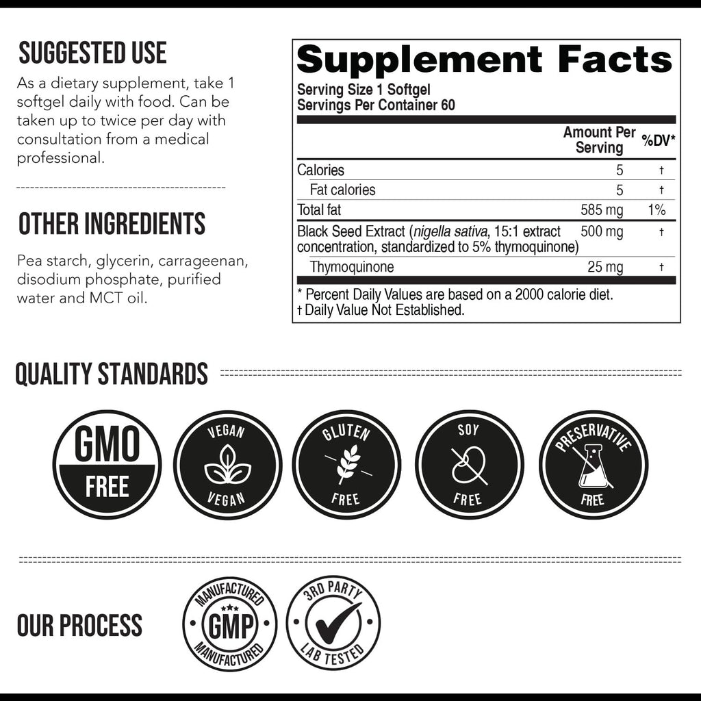 Black Seed Oil Softgels | 5% Thymoquinone - TQ-Advanced® | High Potency - 500 mg per Capsule - 15:1 Concentrate from Nigella Sativa Extract, Raw Form, Vegan Formula, Glass Bottle (60 Softgels)