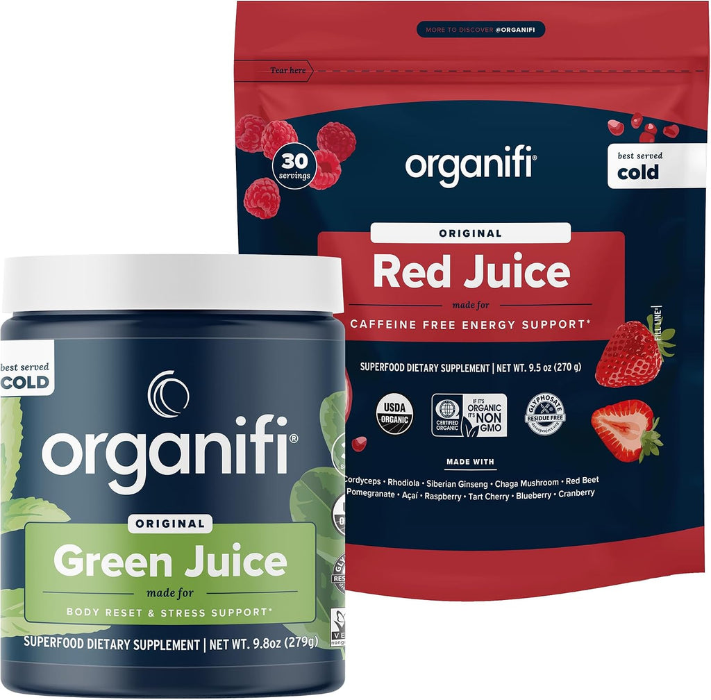 Organifi Green Juice and Red Juice Bundle - 30 Day Supply - Delicious, Refreshing Organic Superfood Supplement Powder With Antioxidants for Energy and Stress Relief Support - No GMO, Gluten, or Soy