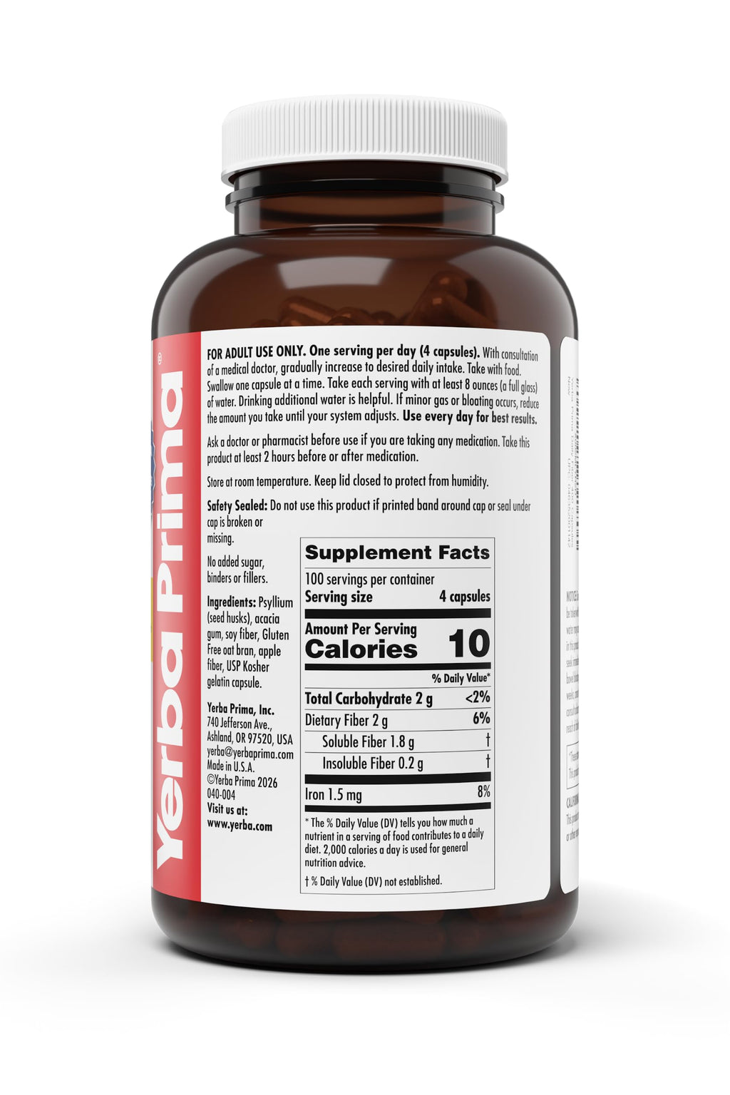 Yerba Prima Daily Fiber Caps Formula, 400 Capsules - Both Soluble and Insoluble - with Psyllium Seed Husks, Acacia Gum, Apple Fiber and More - Dietary Supplement