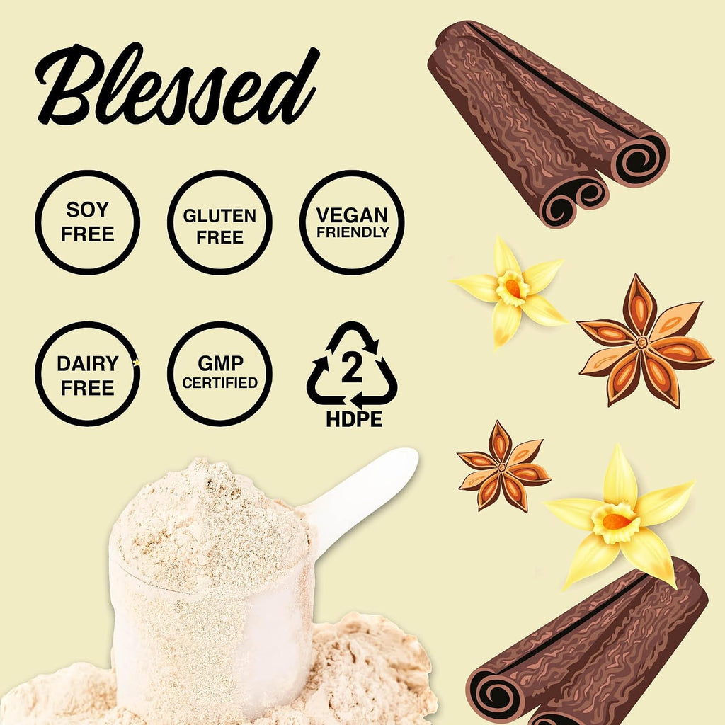 Blessed Vegan Protein Powder - Plant Based Protein Powder Meal Replacement Protein Shake, 23g of Pea Protein Powder, Dairy Free, Gluten Free, Soy Free, No Sugar Added, 30 Servings (Vanilla Chai)