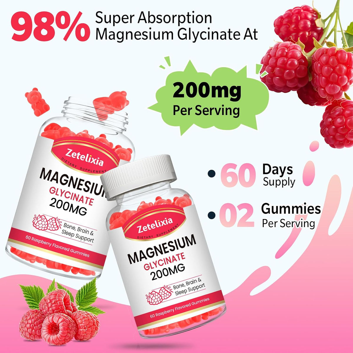 Gomitas de glicinato de magnesio de 200 MG, suplementos de glicinato de magnesio de alta absorción para relajación, sabor a frambuesa, paquete de 2, 120 unidades