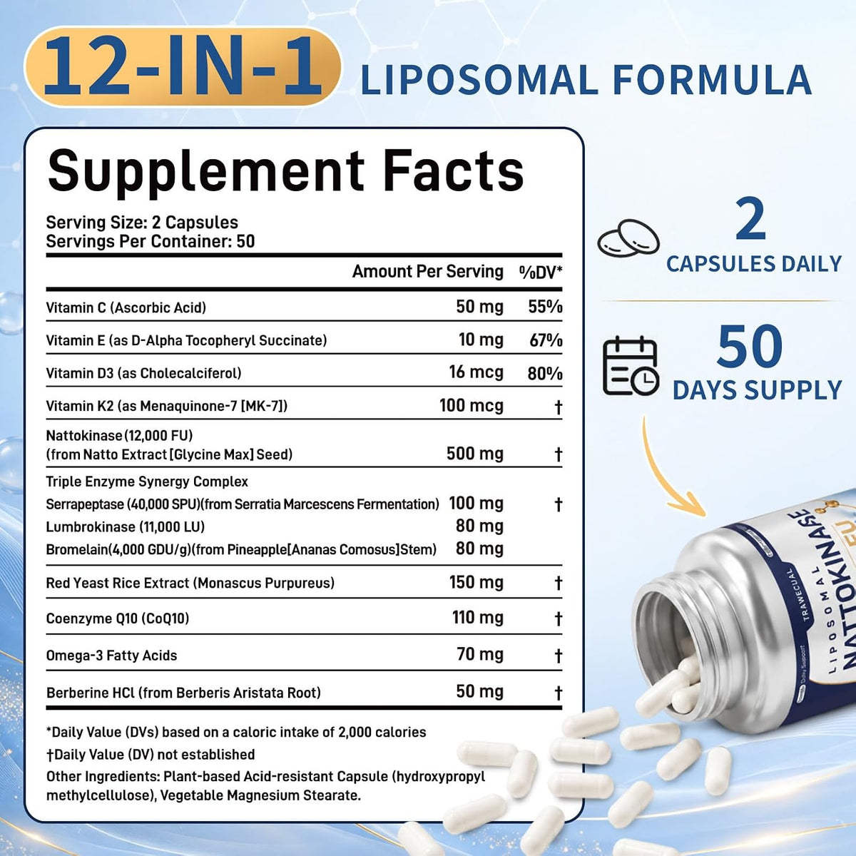 Liposomal 12-in-1 Nattokinase 12,000 FU, Multi Enzyme Complex, 200 Capsules | Serrapeptase, Lumbrokinase, Bromelain, CoQ10, Omega-3 & Red Yeast Rice, Cardiovascular, Circulatory & Heart Health Support