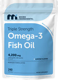 Micro Ingredients Triple Strength Omega-3 Fish Oil 4,200 mg Per Serving | EPA 1200mg + DHA 900mg Per Serving, Wild Caught Fish Source, Lemon-Flavored, 240 Softgels, Burpless, No Fishy Aftertaste.