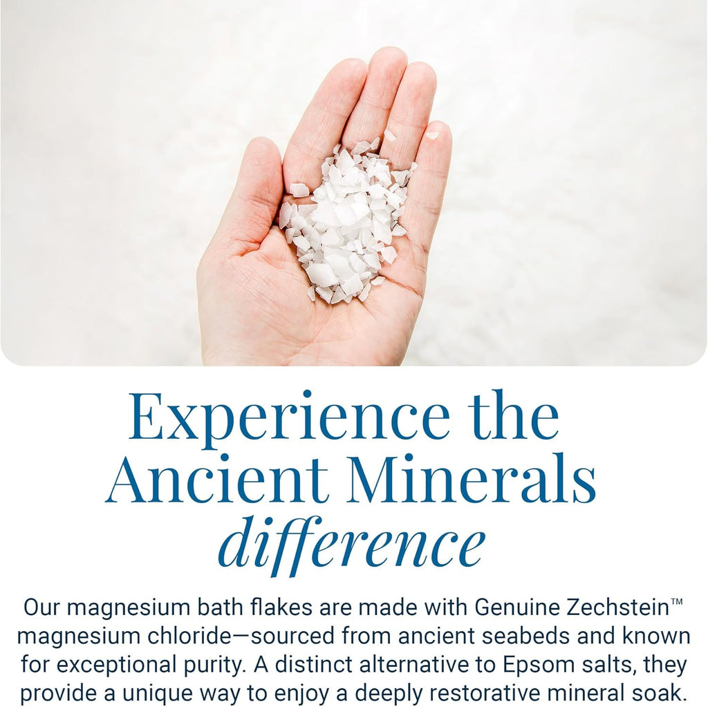Ancient Minerals Magnesium Bath Flakes & Oil Spray Bundle, Zechstein | Zechstein magnesium chloride bundle: bath flakes for soaking + oil spray for topical use.