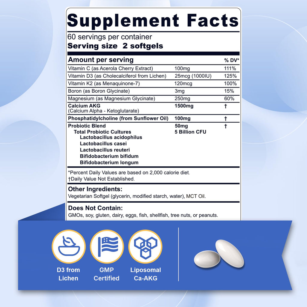 Liposomal Calcium AKG Supplement 1500mg with Vitamin D3 & K2 Softgels for Women & Men│ High Absorption│Calcium Supplements with Magnesium Glycinate, Boron, Probiotics & Vitamin C for Bone - 120 Pills