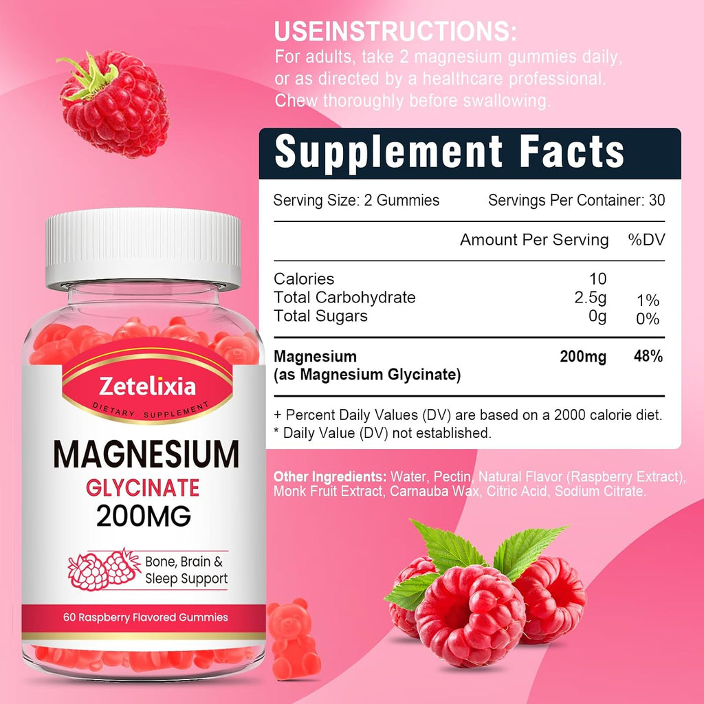 200MG Magnesium Glycinate Gummies, High Absorption Magnesium Glycinate Supplements for Relaxation, Raspberry Flavor 60 Count